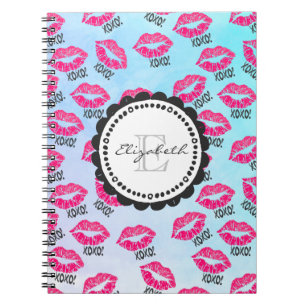 XOXO Pattern with Stylish Pink Kissy Lips Monogram Spiral Notebook