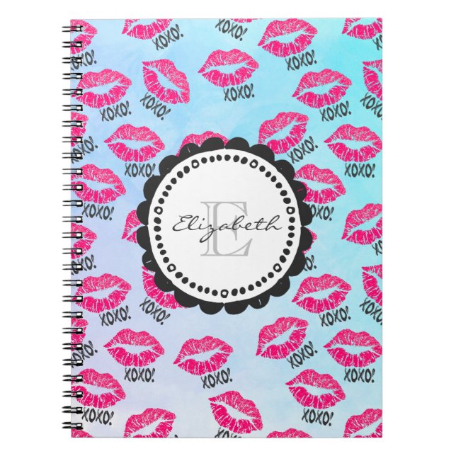 XOXO Pattern with Stylish Pink Kissy Lips Monogram Spiral Notebook (Front)