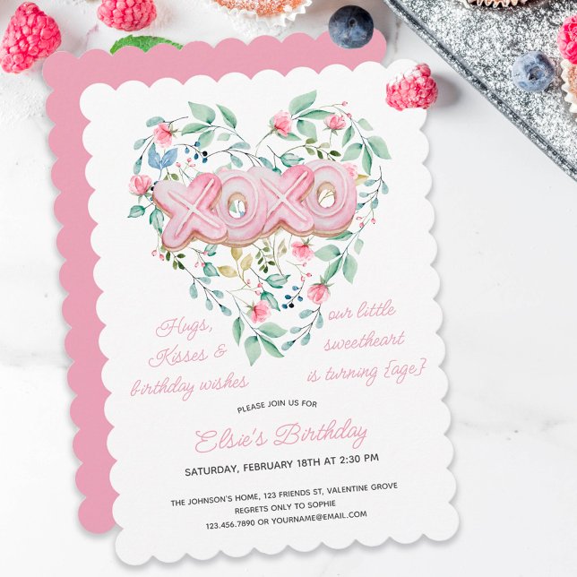 XOXO Pink Cookie Little Sweetheart Floral Birthday Invitation (Creator Uploaded)