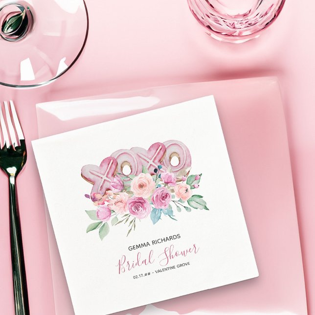 XOXO Pink Cookies Pretty Floral Bridal Shower Napkin (Bridal Shower Napkins with XOXO Cookies and pretty pink and peach roses perfect for Valentines theme)