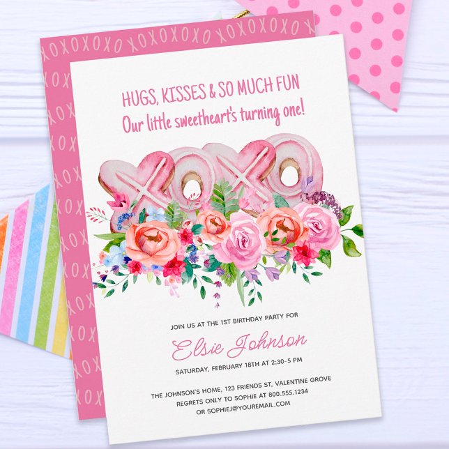 XOXO Pink Cookies Vibrant Floral Girl 1st Birthday Invitation (Creator Uploaded)