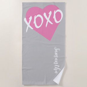 XOXO Pink Heart White XOXO Hugs Kisses Grey Beach Towel