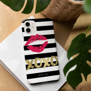 XOXO Pink Lip Print Black & White Stripe iPhone 16 Case