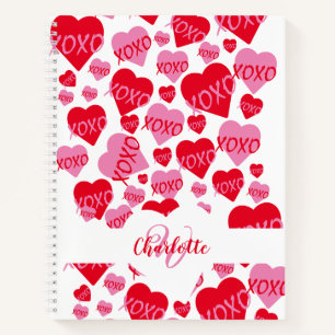 XOXO Pink Red Heart Pattern Monogram Love Notebook