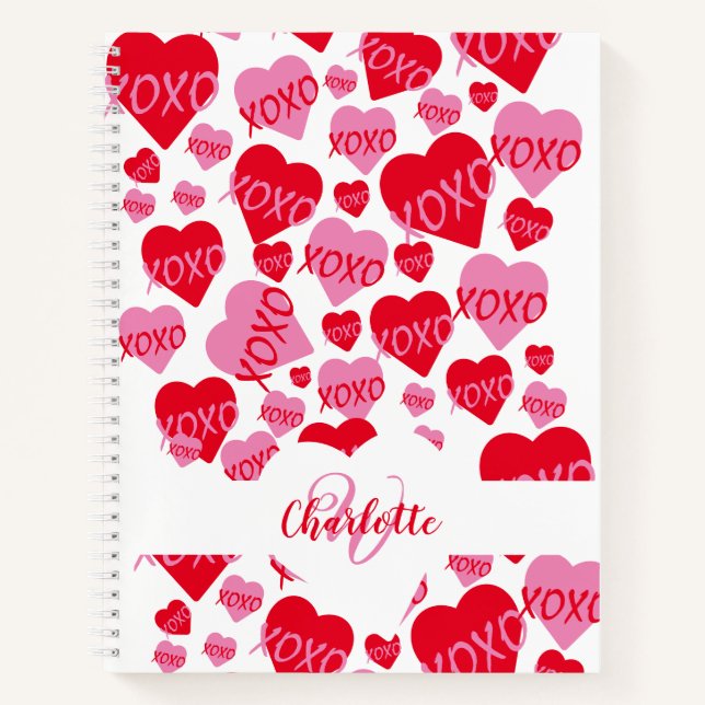 XOXO Pink Red Heart Pattern Monogram Love Notebook (Front)