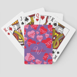 XOXO Pink Red Heart Pattern Monogram Purple Playing Cards
