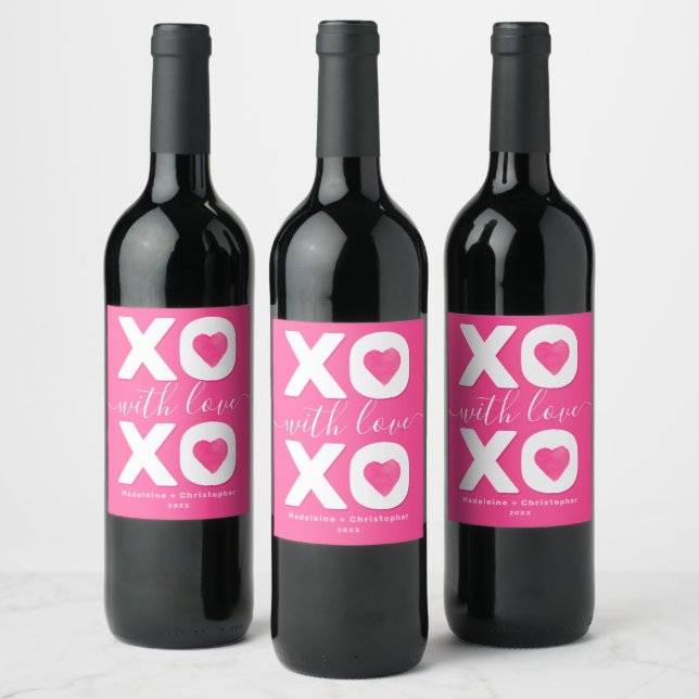 XOXO Pink White Happy Valentine's Day Custom Name  Wine Label (Bottles)