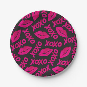 XOXO Quote Black Neon Pink Lips Lipstick Pattern Paper Plate