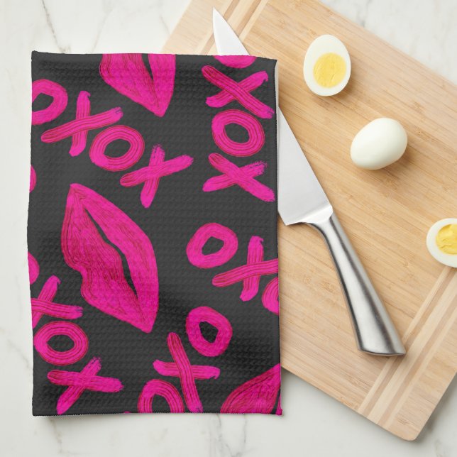 XOXO Quote Black Neon Pink Lips Lipstick Pattern Tea Towel (Quarter Fold)