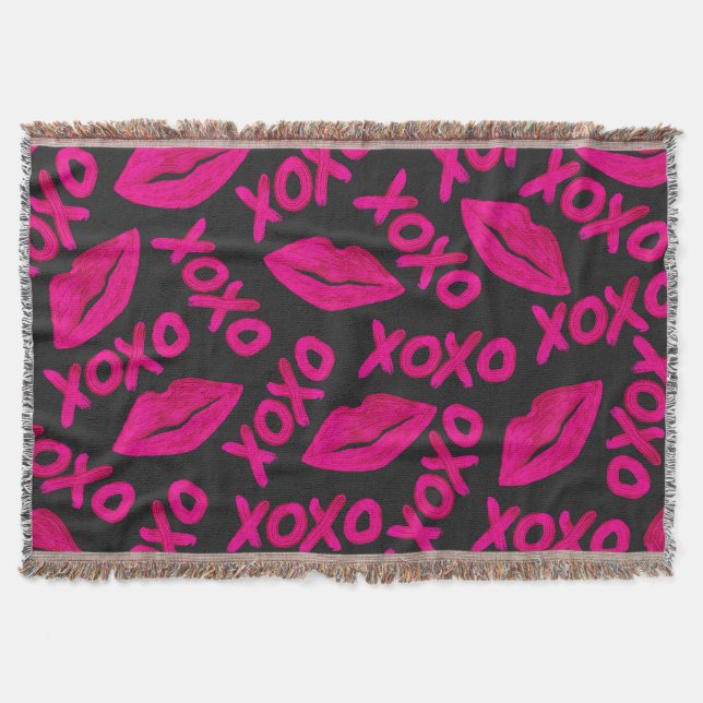 XOXO Quote Black Neon Pink Lips Lipstick Pattern Throw Blanket (Front)