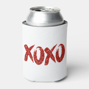 XOXO Red Glitter Glam Brushstroke Hug and Kisses Can Cooler