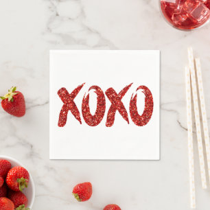 XOXO Red Glitter   Glam Brushstroke Hug and Kisses Napkin