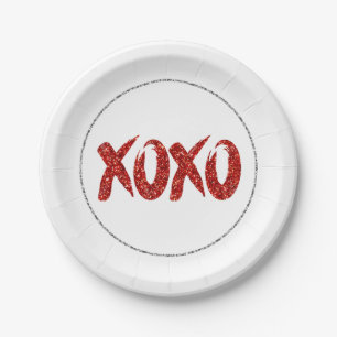 XOXO Red Glitter   Glam Brushstroke Hug and Kisses Paper Plate