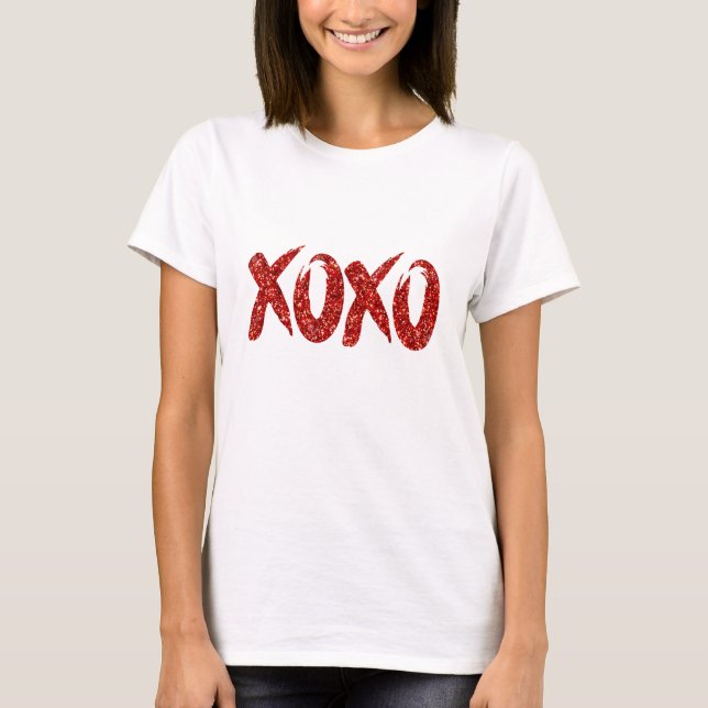 XOXO Red Glitter | Glam Brushstroke Hug and Kisses T-Shirt (Front)