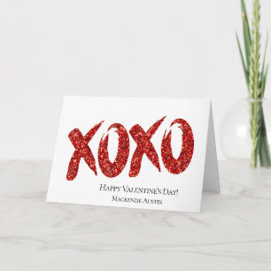 XOXO Red Glitter   Glam Brushstroke Valentines Day Holiday Card