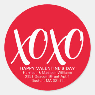 XOXO red white cute modern valentine's Day address Classic Round Sticker