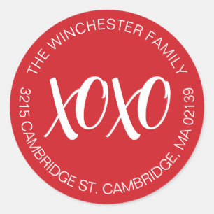 XOXO red white Valentine's Day address  Classic Round Sticker