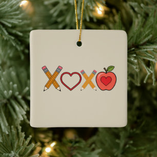 XOXO Teacher Valentine's Day Pencil And Apple  Ceramic Ornament