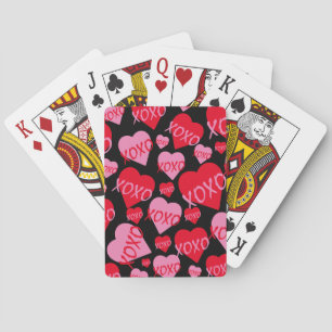 XOXO Valentine Pink Red Heart Pattern Black Playing Cards