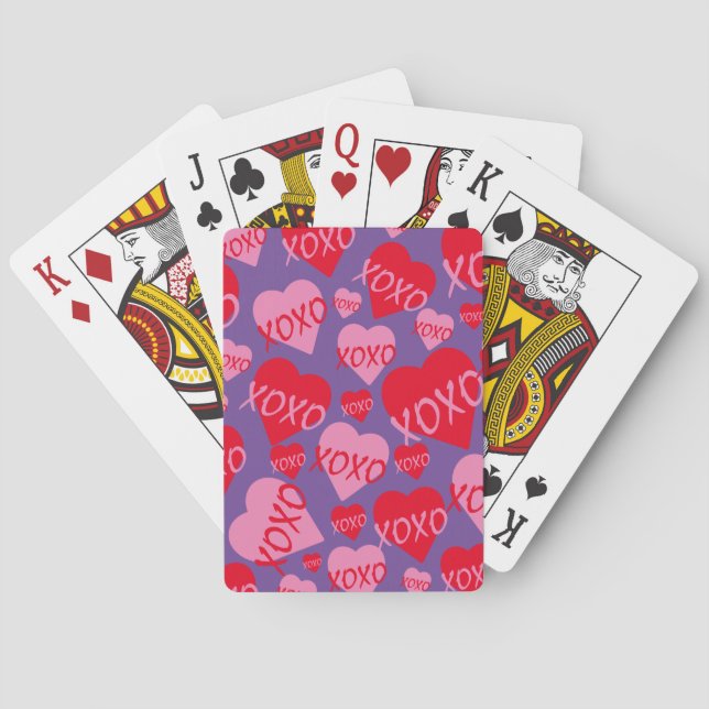 XOXO Valentine Pink Red Heart Pattern Purple Playing Cards (Back)