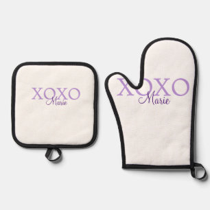 Xoxo valentine's day add name purple pastel minima oven mitt & pot holder set
