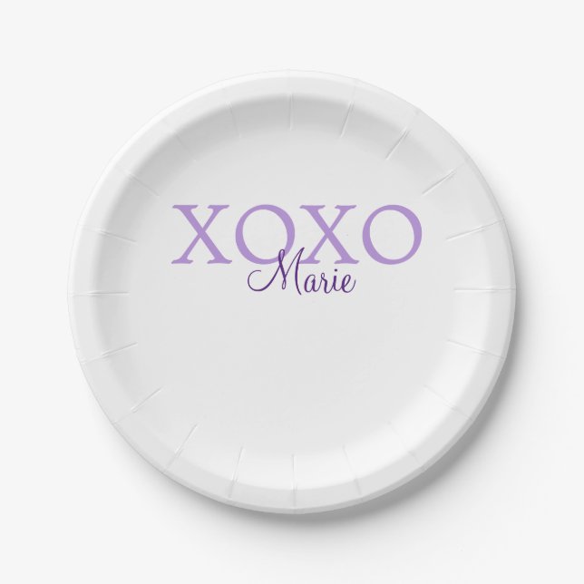 Xoxo valentine's day add name purple pastel minima paper plate (Front)