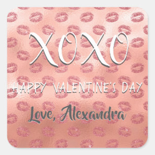 XOXO Valentine's Day Pink Rose Gold Kisses Square Sticker