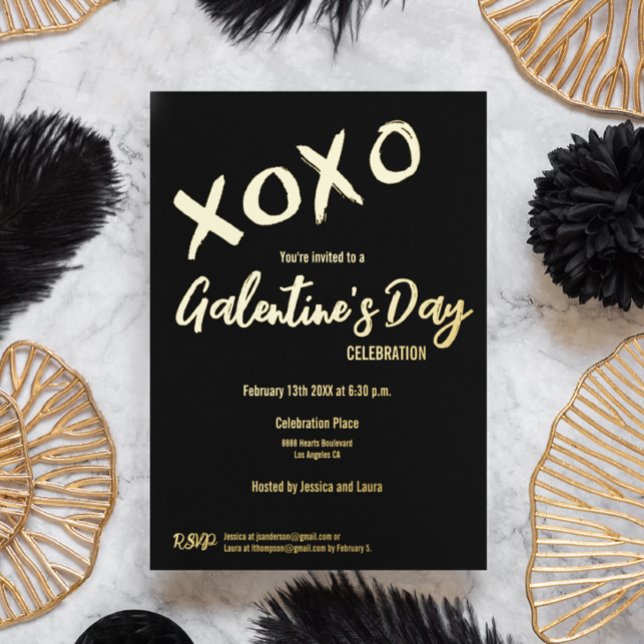 XOXO Valentines Party Galentine's Day Friends Foil (Real gold foil XOXO Valentine's Day invitation black and gold.)