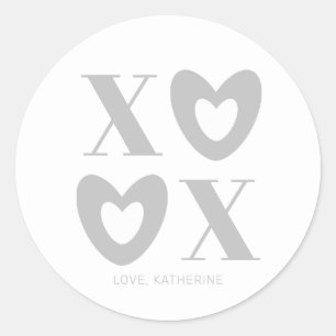 XOXO white grey hearts typography minimal elegant Classic Round Sticker