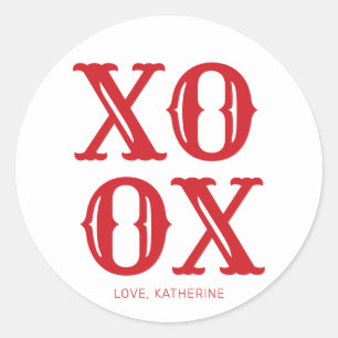 XOXO white red cute typography personalized Classic Round Sticker