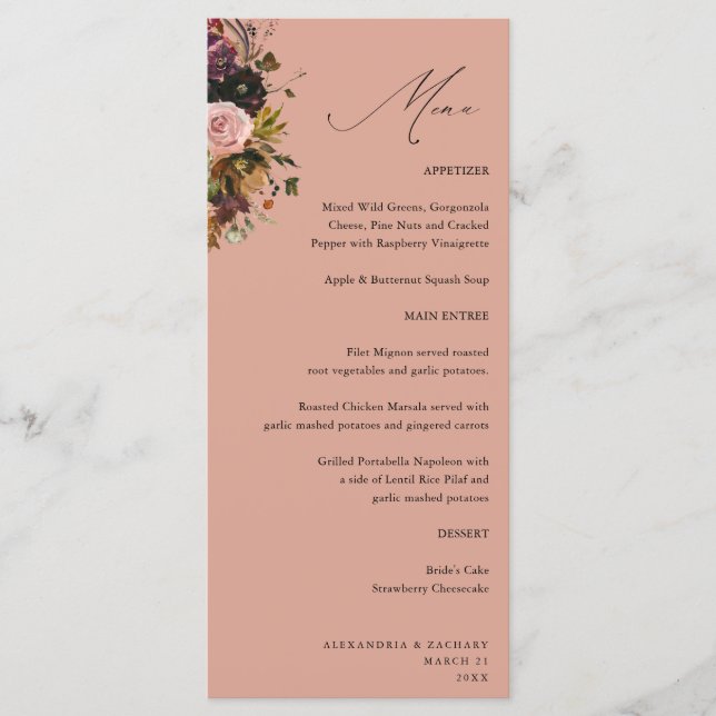 xRustic Gold, Purple, & Pink Floral 4 White Tall Menu (Front)