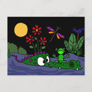 XX- Frog Sitting on Alligator Nose Cartoon Postcard