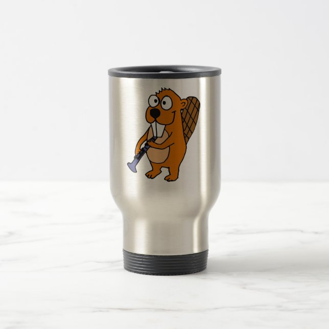 XX- Funny Beaver Playing Clarinet Cartoon Travel Mug (Center)