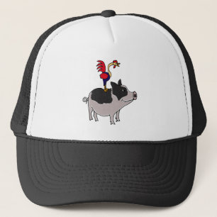 XX- Rooster on a Pot Bellied Pig Cartoon Trucker Hat