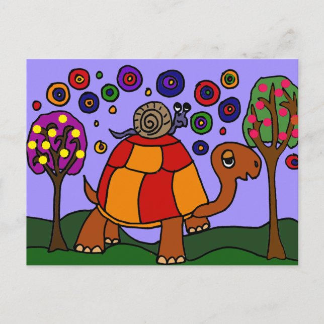 XX- Snail Riding Turtle Folk Art Postcard (Front)