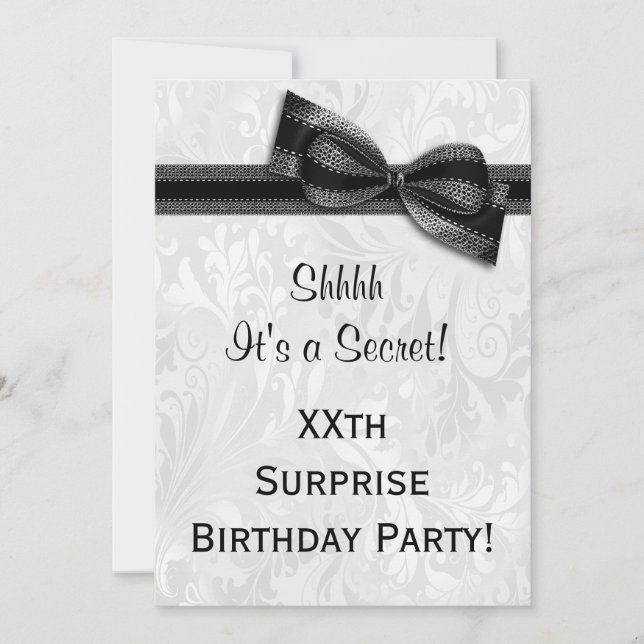 XXth SURPRISE Birthday Party Damask and Bow Invitation (Front)