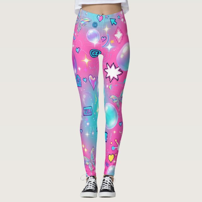 Y2K Aesthetic Seamless Retro Pattern Leggings (Front)