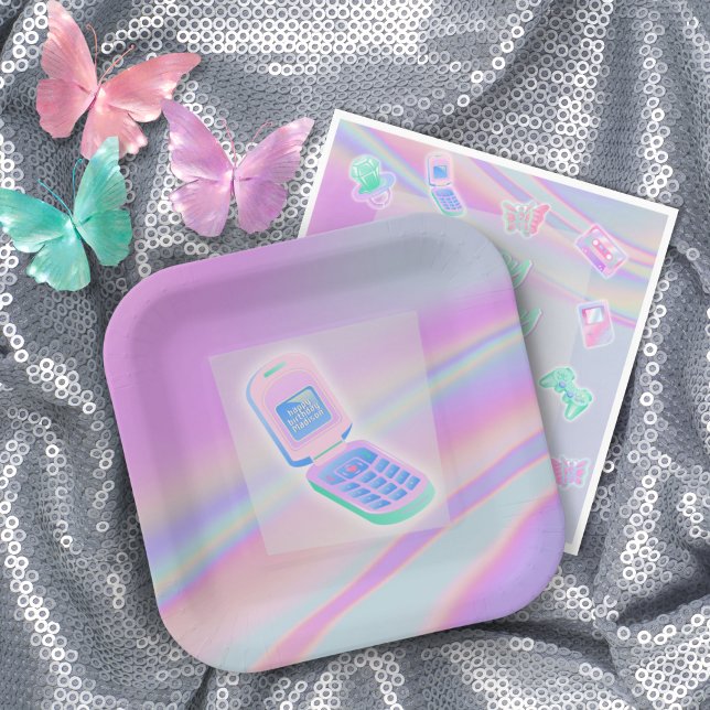 Y2K cell phone text iridescent happy birthday name Paper Plate (Creator Uploaded)