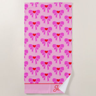 y2k Coquette Ribbon Pattern Red& Pink Preppy Name  Beach Towel