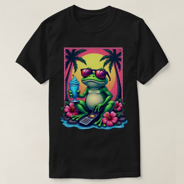 Y2K Grumpy Frog Flip Phone Vaporwave Tropical T-Shirt (Design Front)