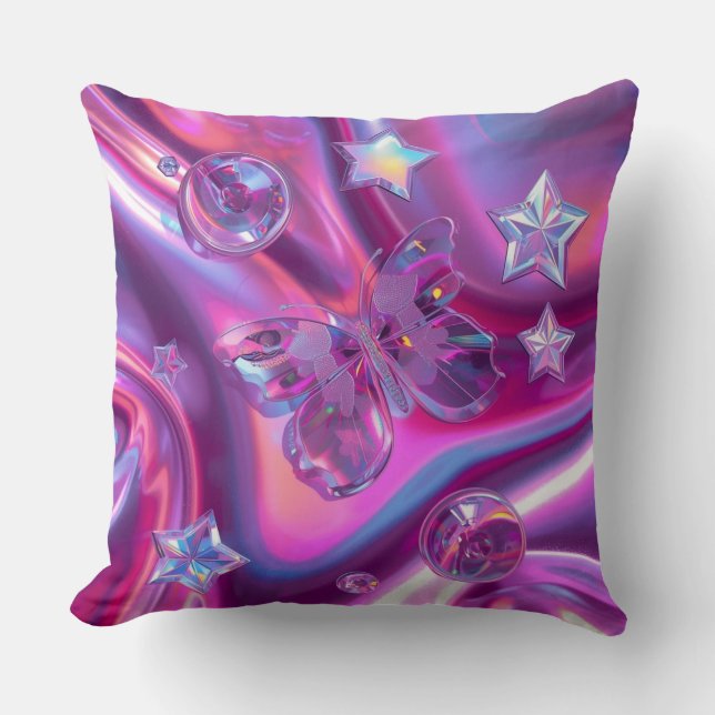 Y2K Holographic Throw Pillow | Hot Pink & Chrome (Front)