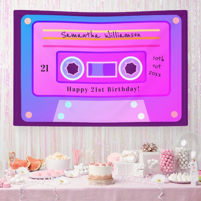 Y2k Pink Blue Purple Cassette 21st Birthday Party Banner (Party)
