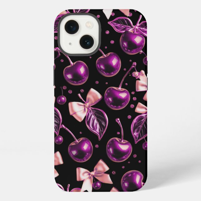 Y2K Purple Glossy Cherry Pattern Black iPhone Case (Back)