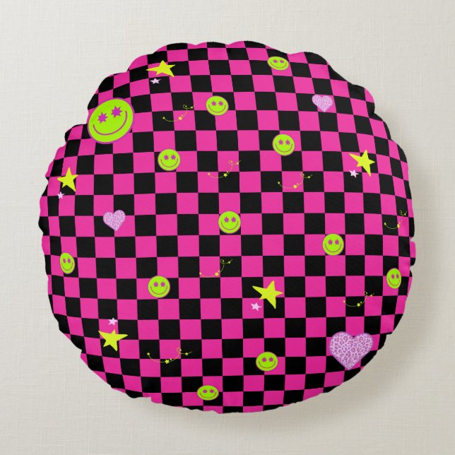 Y2K vivid pink is cute checkered pattern  Round Cushion (Front)