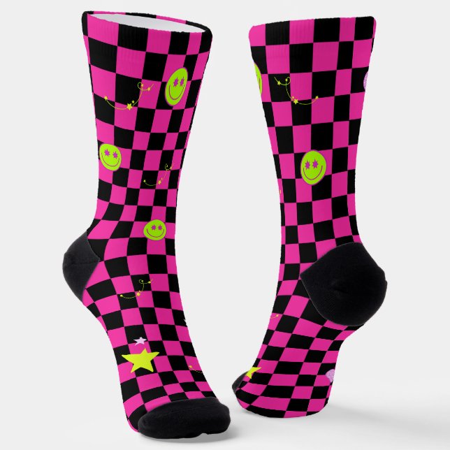 Y2K vivid pink is cute checkered pattern  Socks (Angled)