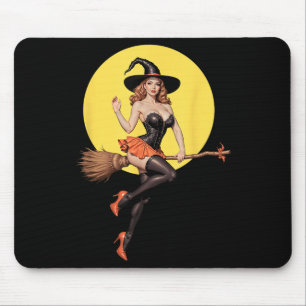Y Halloween Witch Pin-up Girl Riding A Broomstick Mouse Pad