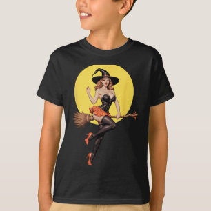 Y Halloween Witch Pin-up Girl Riding A Broomstick T-Shirt