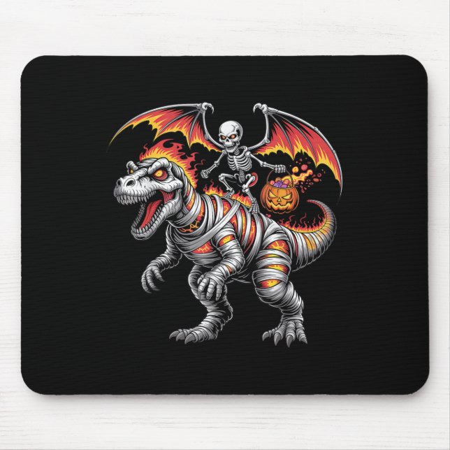 Y Skeleton Riding Dinosaur T-rex Halloween Pumpkin Mouse Pad (Front)