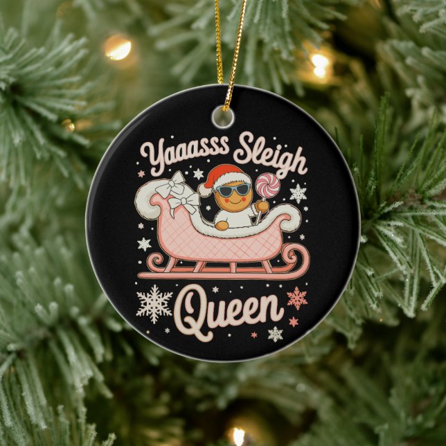 Yaass Sleigh Queen Gingerbread Pink Sled Christmas Ceramic Tree Decoration (Tree)