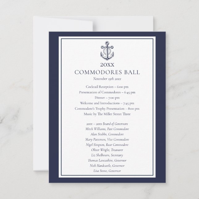 Yacht Club Nautical Navy Blue Menu Program  (Front)